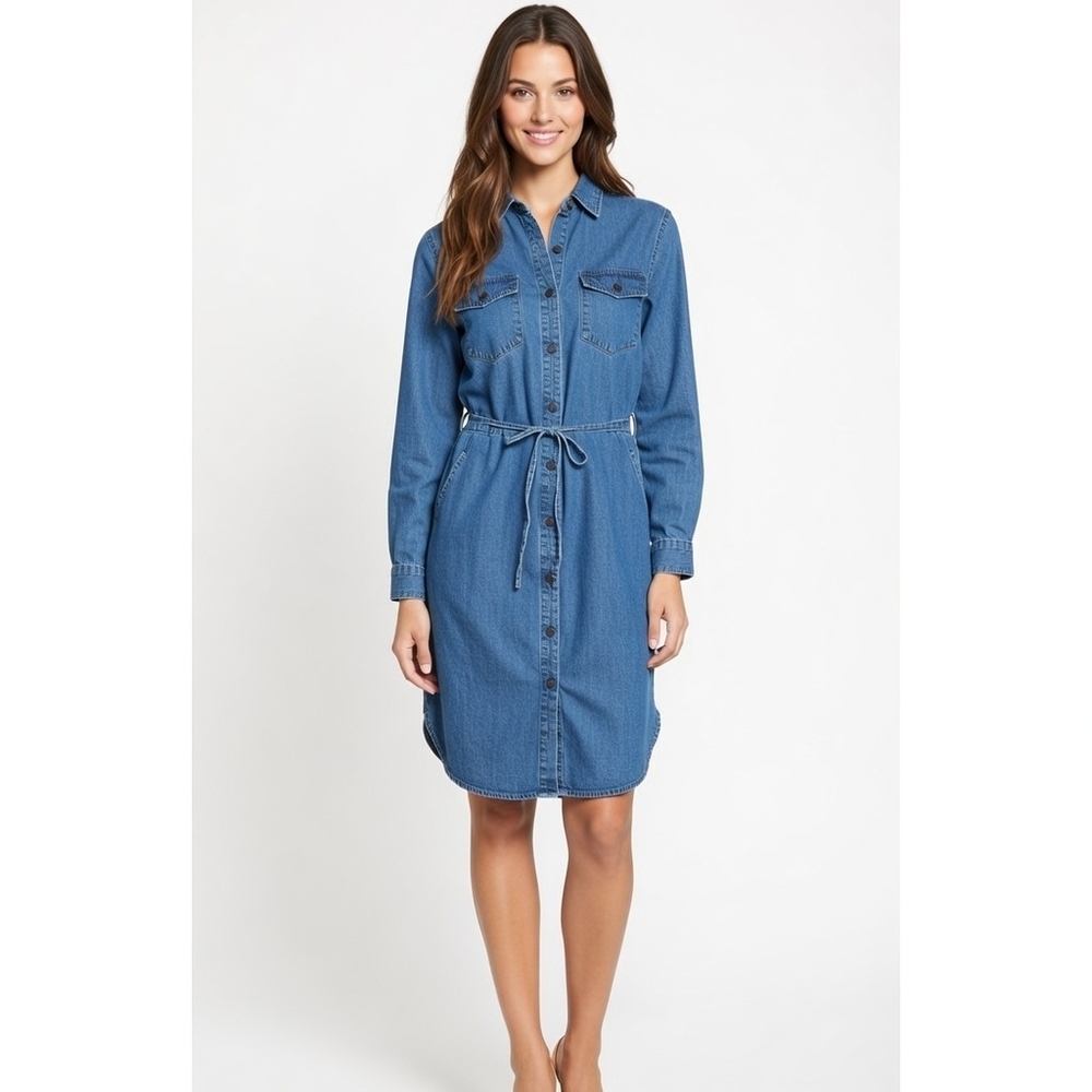 Christopher Banks‎ Denim Shirtdress 8 Button Front Pockets Drawstring Waist Midi